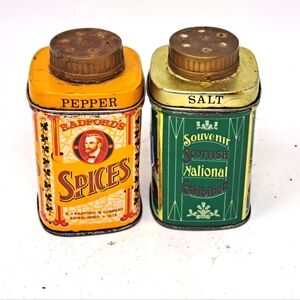 Vintage Redfords Spices And Steamship Brand Tin Salt And Pepper Shakers